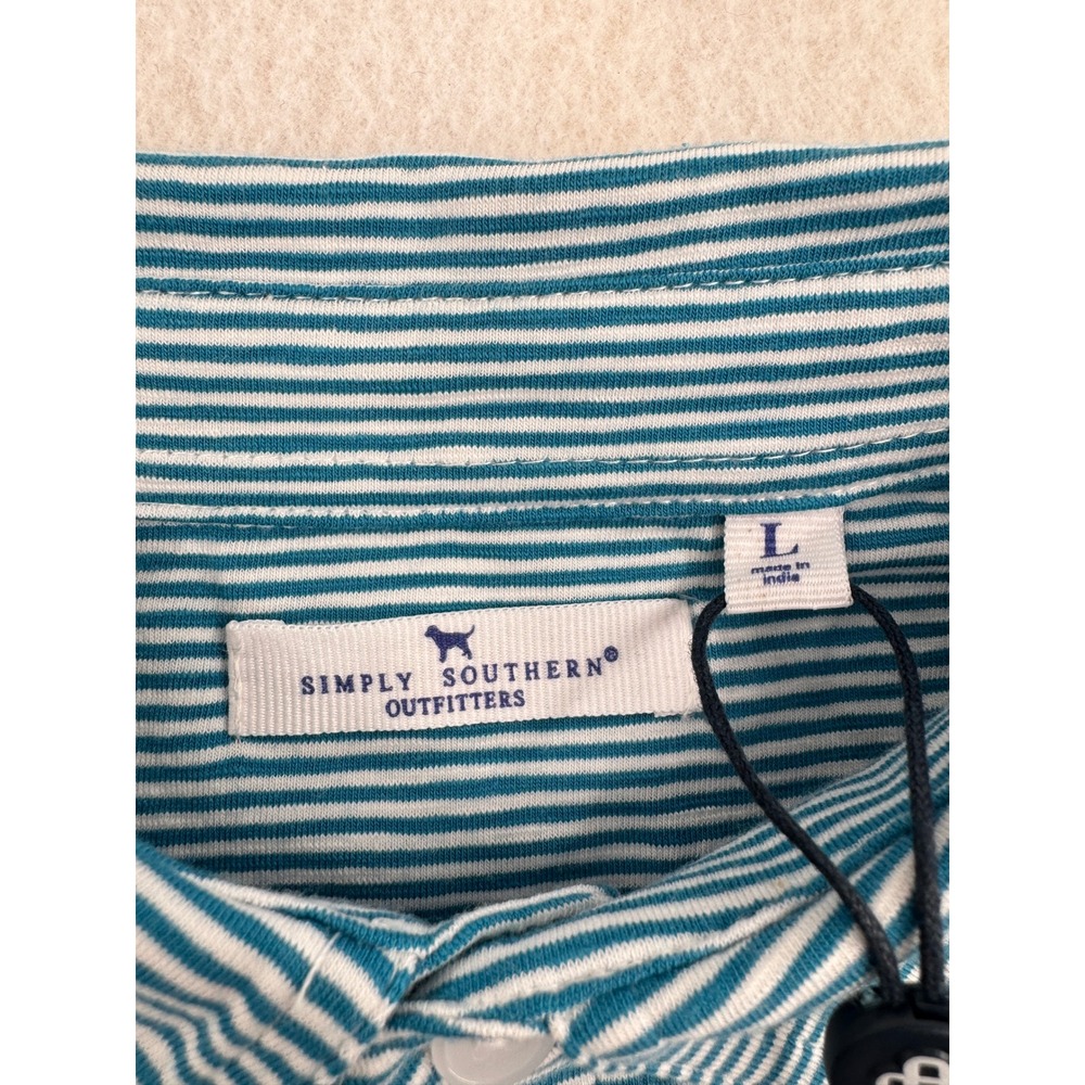 NWT Simply Southern Mens L Short Sleeve Polo Teal Striped Cotton Stretch Preppy - Picture 6 of 11